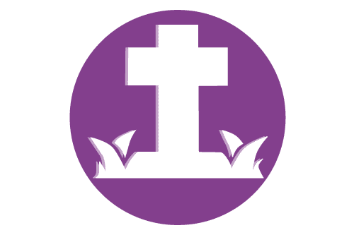 Pyöreällä violetilla pohjalla ristisymboli.